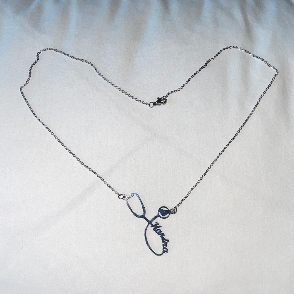 Elegant Silver Stethoscope Necklace with Name “Karina”